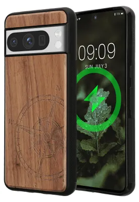 Produktbild von kwmobile Echtholz Schutzhülle kompatibel mit Google Pixel 8 Pro Hülle - Cover aus Holz und TPU - Kompatibel mit MagSafe - Case in Holz Kompass Vintage