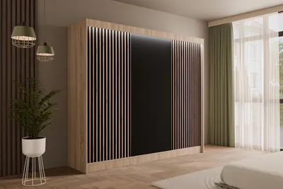 Produktbild von ALTDECOR Kleiderschrank mit Lamel-Schiebetüren, Führungsschienen und Aluminium- Leisten, LED-Beleuchtung und Fernbedienung - VILANv2 - 250 cm Sonoma Eiche + Lamelle Eiche Wotan