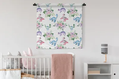 Produktbild von MuchoWow® Wandteppich Wandbehang Kinderzimmer - Dinosaurier - Blumen - Mädchen - Kinder - Rosa - Kind 90x90 cm Tapisserie Dekoration Wandtuch - Wandaufhänger