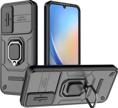 Obrázek produktu pro Pouzdro pro Samsung Galaxy A34 dvouvrstvé pouzdro s posuvnou ochranou kamery a držákem prstenu, stojánek černé