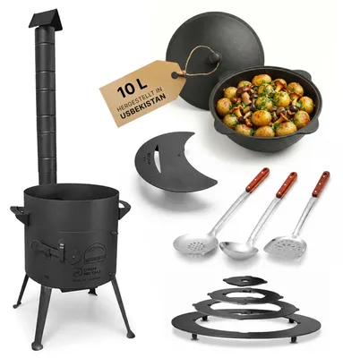 Produktbild von Utschag Feuerstelle Ø36cm aus 2mm Stahl mit 10L Gusseisen Kazan Set – Outdoor Ofen, Feldküche, Camping Grill inkl. Rauchrohr, Seitentisch & Zubehör