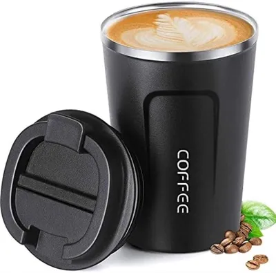 Produktbild von PromoHome® Thermosbecher aus Edelstahl – 380 ml, doppelwandig, auslaufsicher, Schwarz