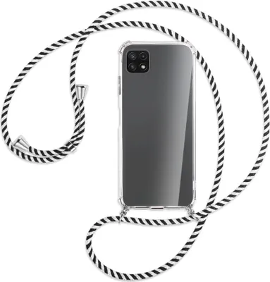 Produktbild von Handykette Backcover-Schutzhülle mit Band (Metall silberfarben) für Samsung Galaxy A22 5G (A226) - schwarz/weiß gestreift