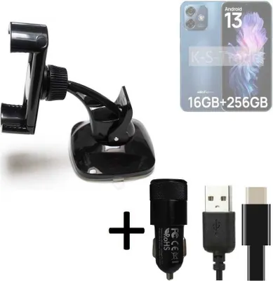 Produktbild von K-S-Trade Handy-Halterung kompatibel mit Ulefone Note 16 Pro Windschutzscheibe / Armaturenbrett + LADEGERÄT mit Mico USB Kabel Autohalterung