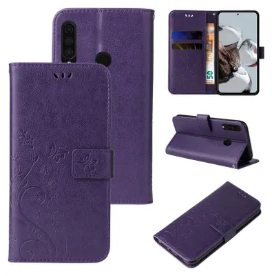 Collage of images showing a purple floral butterfly embossed flip phone case from different angles, including open, closed, and standing modes.