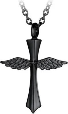 Produktbild von Luxe Ascheanhänger mit Kette für Asche, Haare oder Parfum - Gedenkschmuck mit Asfüllhilfe und Aufbewahrungstasche - Black Wings Cross