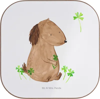 Produktbild von Mr. & Mrs. Panda Getränkeuntersetzer Hund Kleeblatt - Weiß - Geschenk, Motivation, Untersetzer für Gläser, Glücksbringer, Glück, Coaster, Tischschoner, Viel, Sprüche