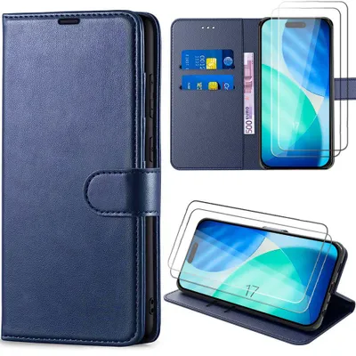 Image de Coque + 2 Verres Trempés pour iPhone 17, Flip Case Cuir Synthétique Antichoc Anti-Rayures Bleu Marine