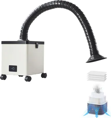 A product shot of a portable air purifier with a flexible hose attachment.