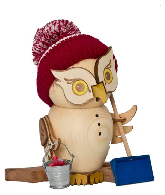 Produktbild von Drechslerei Kuhnert - Räucherfigur Eule als Schneefeger - Größe ca. 15cm, für Räucherkerzen Größe M (Satndard) - 37209