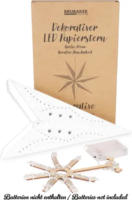 Zdjęcie produktu dla BRUBAKER Gwiazda bożonarodzeniowa 3D do zawieszenia - papierowa gwiazda LED z timerem - 60 cm gwiazda adwentowa na baterie, biała