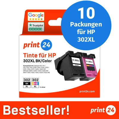 Image de NOUVEAU : print24 Cartouches d'encre pour HP 302XL, multipack (BK/C/M/Y), 10 pièces