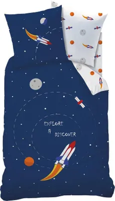 Produktbild von Unyqoos® Matt & Rose Bettbezug Explore Space – Einzelbett 140 x 200 cm, blau mit Raketen & Planeten, 100% Baumwolle, inkl. 1 Kissenbezug 63 x 63 cm