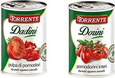 Produktbild von Testpaket La Torrente Ganze Tomaten Dorini Kirschtomaten + Tomatenmark Tomatenwürfel Tomatenmark Tomatensauce aus Italien Dose 48 x 400 g