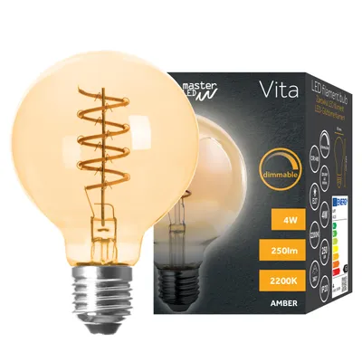A close-up product shot of a vintage-style LED filament light bulb next to its packaging.