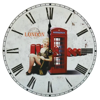A vintage-style wall clock with a London theme, featuring a red telephone booth and a picture of Marilyn Monroe.