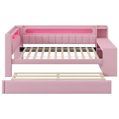 Produktbild von Flieks Jugendbett mit Led und Usb, Tagesbett Einzelbett mit Regal, Holzbett Klassisches Bett mit Schreibtisch und Ausziehbett, Kinderbett Rosa