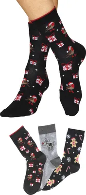 Produktbild von H.I.S. Socken Weihnachten lustige Socken für Damen, Atmungsaktiv 3 -teilig 2x schwarz-gemustert, 1x grau-gemustert Größe 35/38