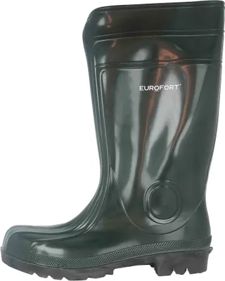 A green rubber boot is shown against a white background.