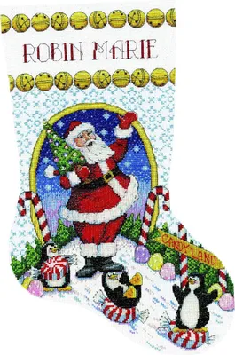 Produktbild von Design Works Kreuzstich Stickpackung "Weihnachtsstrumpf Weihnachtsmann im Süßigkeitenland", Zählmuster, 43x30cm