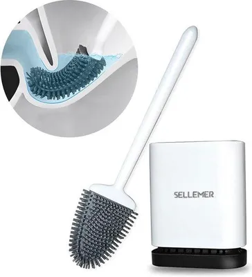 Produktbild von Badezimmer-Set mit flexibler Toilettenbürste, silikonbesetzte Borsten, kompakter Design, Rostfreier Griff, weiß