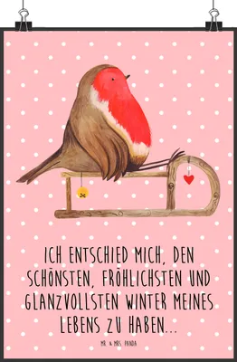 Produktbild von Mr. & Mrs. Panda Bild Rotkehlchen Schlitten DIN A2 - Rot Pastell - Geschenk, Weihnachten, Kunstdruck, drucke, wanddeko, Wandbild, Plakat, Vogel