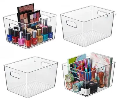 Image de Unyqoos® – Lot de 4 organisateurs de réfrigérateur : boîtes de rangement transparentes et empilables avec poignées, dimensions 29 x 19 x 15 cm, idéales pour le réfrigérateur, la cave à provisions et la cuisine