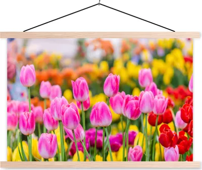 Produktbild von MuchoWow® Textilposter Tulpen - Farben - Frühling 120x80 cm mit holzfarbenen Rahmen - Aufhängeset