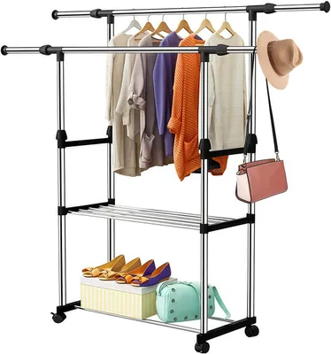 Produktbild von bedee Kleiderständer, Edelstahl Silber, höhenverstellbar, ausziehbar, auf Rollen (2 feststellbar), robust & rostbeständig, mit Schuhablage, einfacher Aufbau ohne Werkzeug, 1.45m Breite x 1.5m Höhe, gewerbliche Nutzung