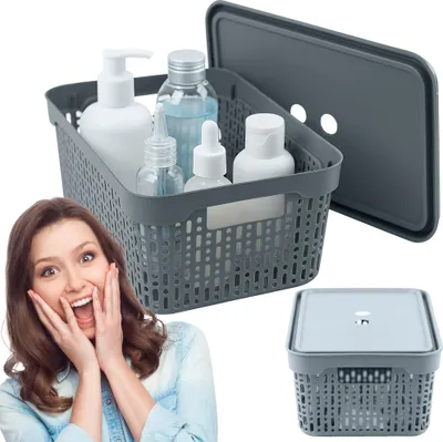 Image de Panier en plastique L Boîte de rangement de salle de bain Container avec couvercle Gris
