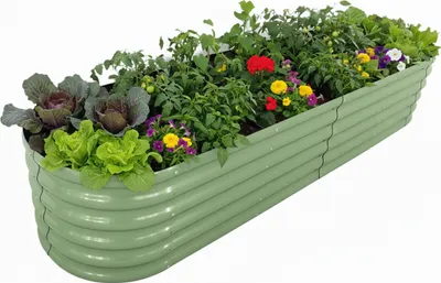 Image de Jardinière surélevée Relaxdays, en métal, XXL, pour fleurs, plantes et légumes, H x L x P : 45 x 240 x 60 cm, jardinière semi-circulaire, vert sauge