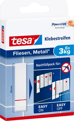 Produktbild von TESA Klebestreifen 3 kg, Nachfüllpack für Klebenagel Powerstrips, werkzeuglose, schmutzfreie & untergrundschonende Montage mit hoher Klebeleistung für glatte Oberflächen (Fliesen, Metall, Holz, Glas, Kunststoffe), tesa Powerstrips® Technologie, smarte Alternative zum Bohren.