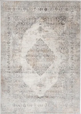 A flat lay image of a rug with a distressed, traditional pattern.