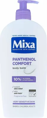 A white pump bottle of Mixa Panthenol Comfort body balm with purple and blue accents.
