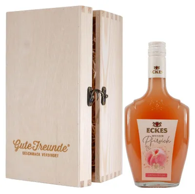 Produktbild von Eckes Weißer Pfirsich Likör mit Geschenk-Holzkiste