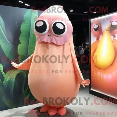 Produktbild von Peach REDBROKOLY Squid Maskottchen Kostüm Figur gekleidet mit einem Wickelkleid und Brille