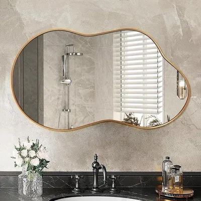 Zdjęcie produktu dla QuickShopping - nieregularne lustro ścienne 65 x 115 cm - dekoracyjne złote lustro z ramką aluminiową - do łazienki, sypialni, salonu, K