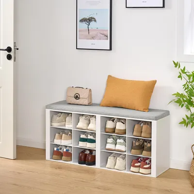 Imagen del producto de Banco para zapatos con espacio de almacenamiento, color blanco, con 12 compartimentos, 104 cm de ancho