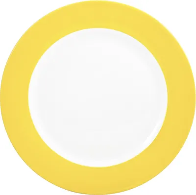 A single yellow and white plate shown from a top-down view against a white background.