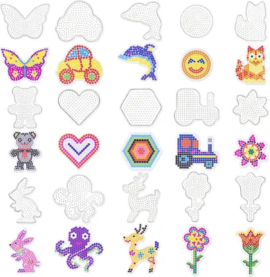 Produktbild von Bügelperlen Steckplatten 15 Stück, 5 mm, transparent, mit 15 bunten Vorlagen, für Kinder