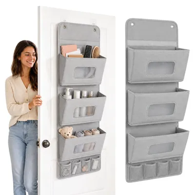 Obrázek produktu pro Organizér na dveře - Závěsný organizér - 3 kapsy - 40 x 90 cm - Skládací - Šedá