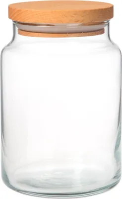 A clear, front-facing shot of an empty glass storage jar with a wooden lid.