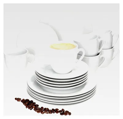 Produktbild von 18-teiliges Kaffeeservice aus weißem Porzellan für 6 Personen mit 6 Kaffeetassen, Untertassen und Kuchentellern