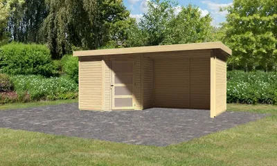 Produktbild von Karibu Gartenhaus Gerätehaus Schwandorf 3 im Set mit Anbaudach 2,80 m Breite und 19 mm Seiten- und Rückwand naturbelassen 468x217x218 cm