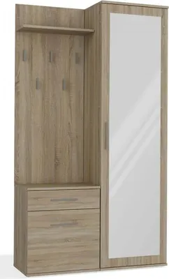 A tall, narrow wardrobe with a full-length mirror on the right side and coat hooks and drawers on the left.
