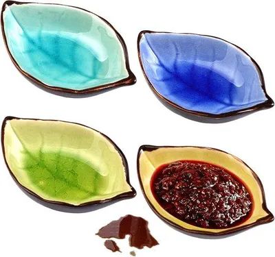 Produktbild von Keramische sauskommetjes, 10,8 x 7 x 2,8 cm, Bladvorm, kleine Kompartimente für Saucen, Gewürze, Fingerfood, Obst und Snacks