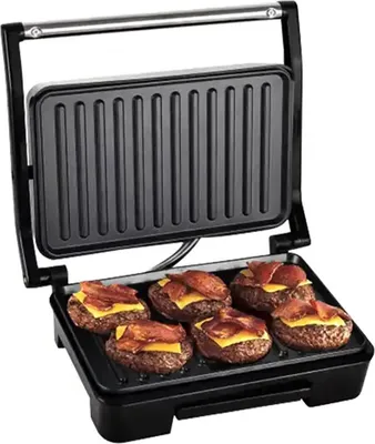 Obrázek produktu pro Portable Panini Grill Press Sandwich Maker Up to 6 Slices 850W Double Side Heating Non Stick Coated Food Grade Steel Panini Maker with Anti Heat Handle for Breakfast Brunch Afternoon Tea