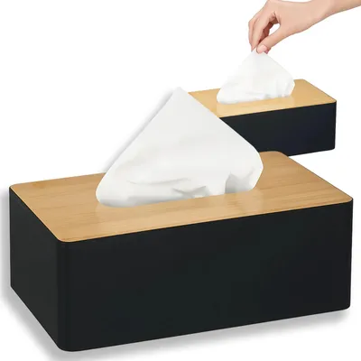 Produktbild von Taschentuchbox Kosmetiktuchbox Tuchspender Bambus Schwarz nachfüllbar Tissue Box 21 cm