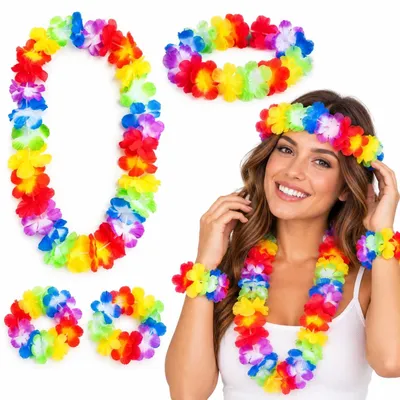 Hawaii-Set: Halskette, Krone & 2 Armbänder, bunt, Polyester