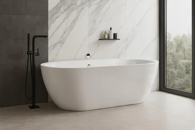 Produktbild von Corciano Freistehende Badewanne Bari 150x75 cm Weiß | Kompakte Raumsparbadewanne Oval | Sanitäracryl inkl. Siphon & Ablaufgarnitur